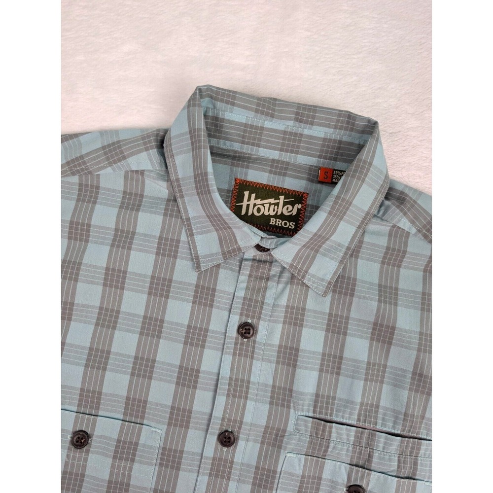 Howler Bros Aransas Shirt Mens Small Light Teal Gray Plaid Short‎ Sleeve Button